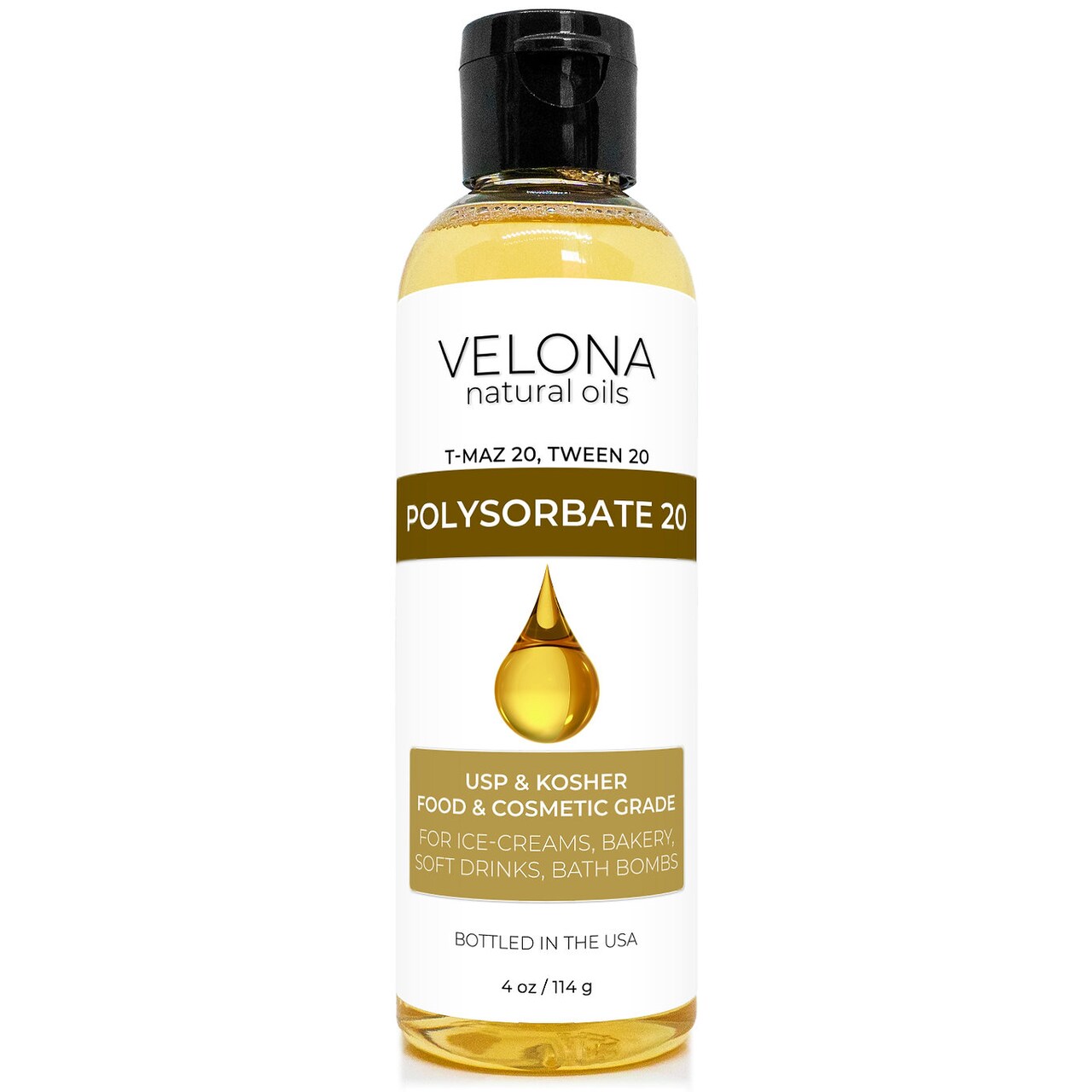 Polysorbate 20 by Velona - 4 oz | Solubilizer, Food & Cosmetic Grade | All Natural for Cooking, Skin Care and Bath Bombs | Use Today - Enjoy Results